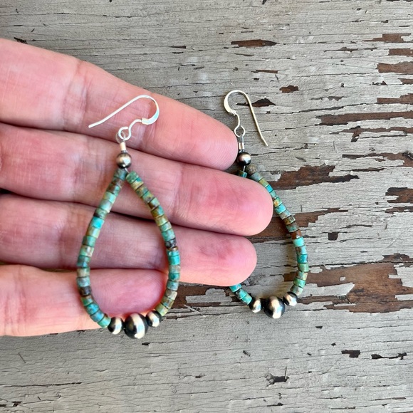 SOLD Kingman Heishi Turquoise Loop Earrings - Picture 3 of 3